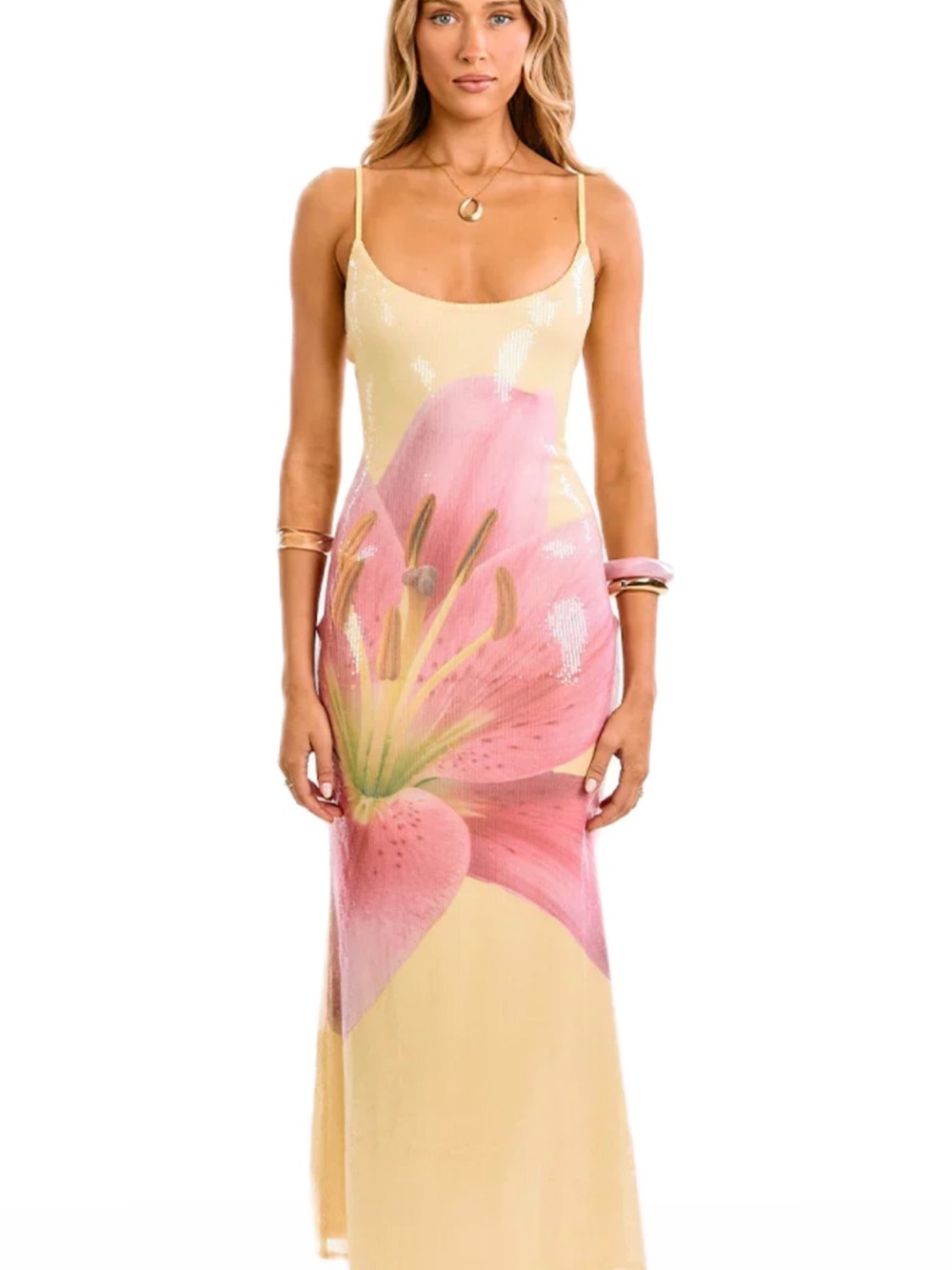 Altar'd State Yellow Slip Maxi Dress with Pink Floral Print